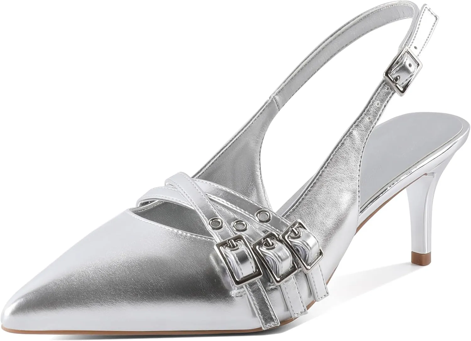 Eldof Women Slingback Heels Eyelet Buckle Strap Pointed Toe Slip On Kitten Heel Pumps Shoes Dressy 2.5 Inches