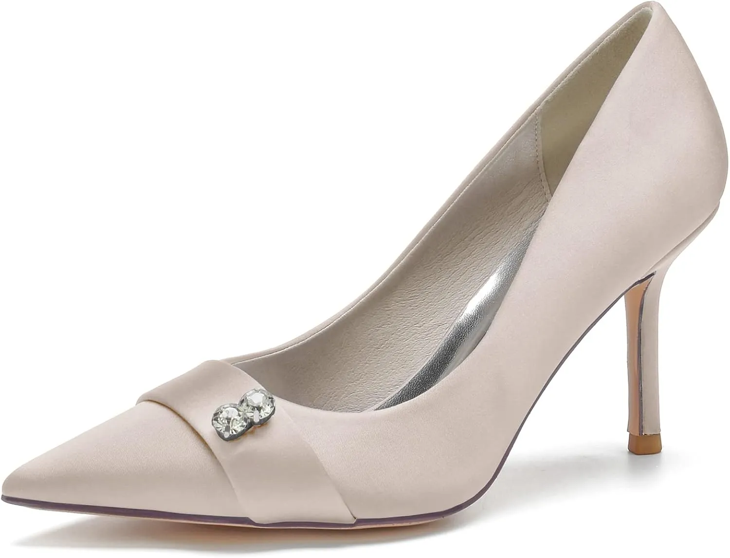 FufoneUS Women's Bridal Shoes Closed Toe 3.35" Stiletto Heel Lace Satin Pumps Evening Wedding Heels,Champagne,11