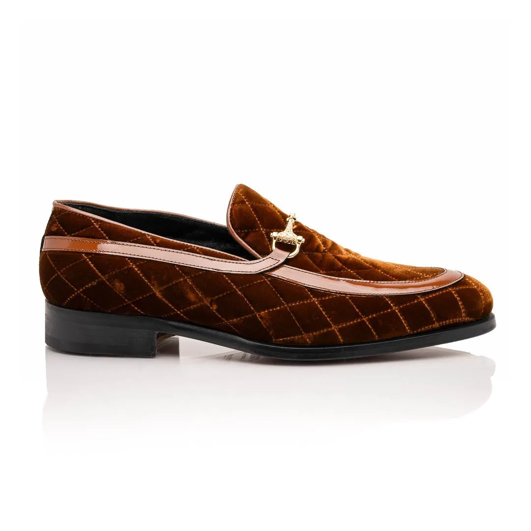 Mauri Allure in Cognac Mens Quilted Velvet / Patent Leather Slip-on Horsebit Loafers
