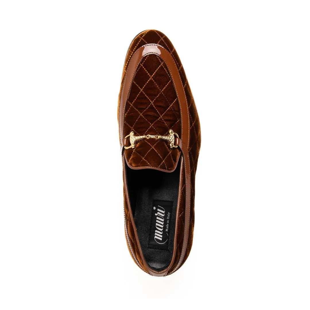 Mauri Allure in Cognac Mens Quilted Velvet / Patent Leather Slip-on Horsebit Loafers