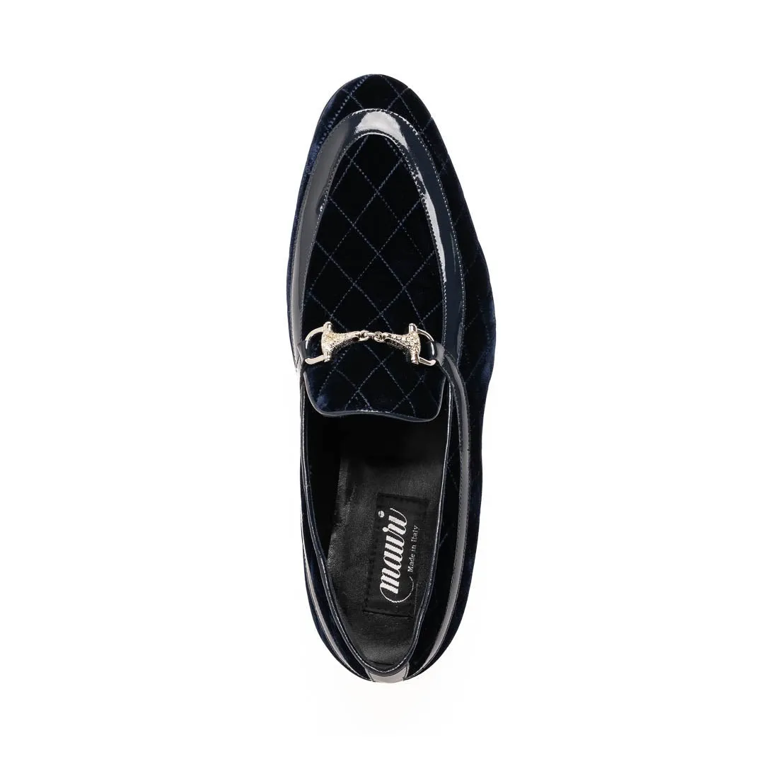 Mauri Allure in Cognac Mens Quilted Velvet / Patent Leather Slip-on Horsebit Loafers