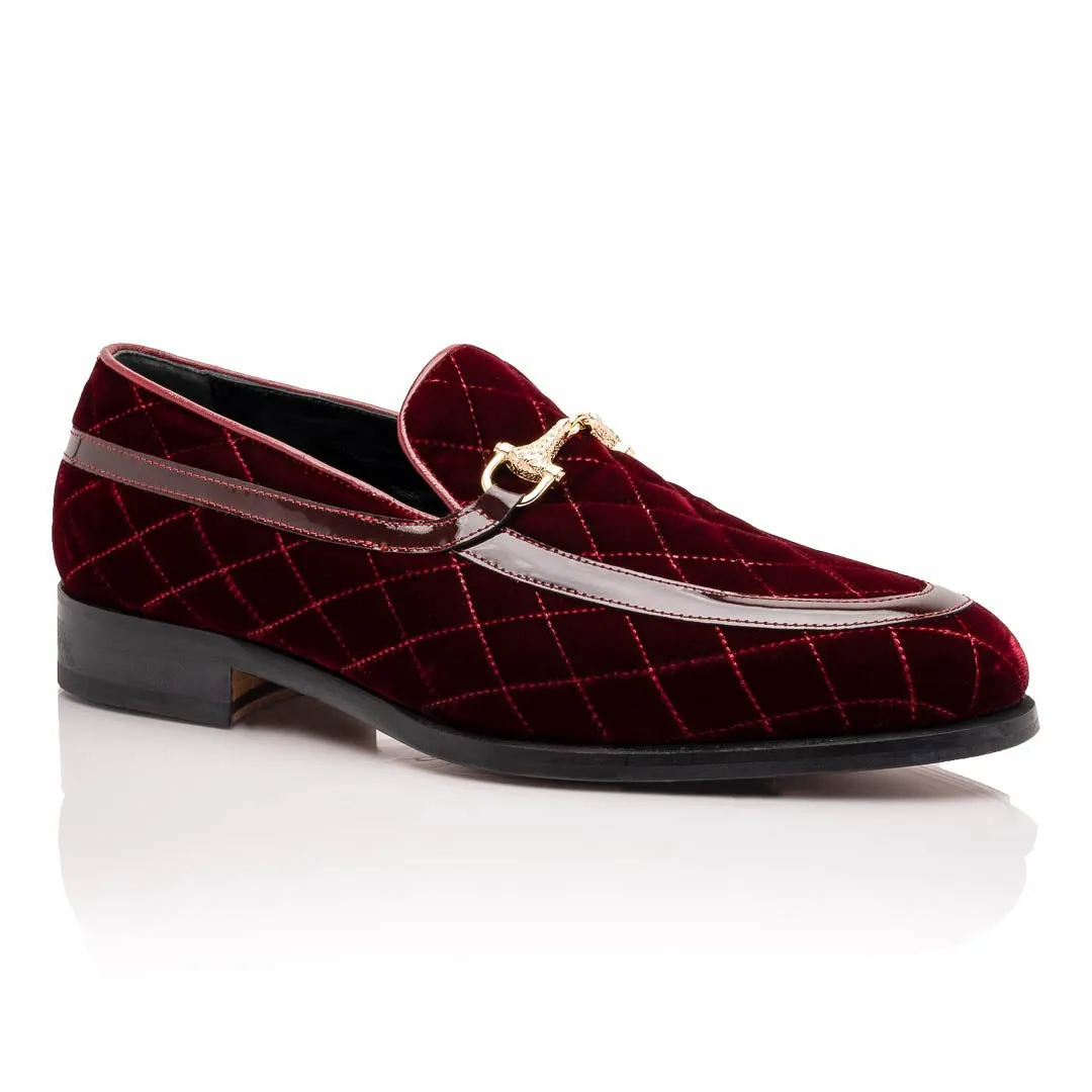 Mauri Allure in Cognac Mens Quilted Velvet / Patent Leather Slip-on Horsebit Loafers