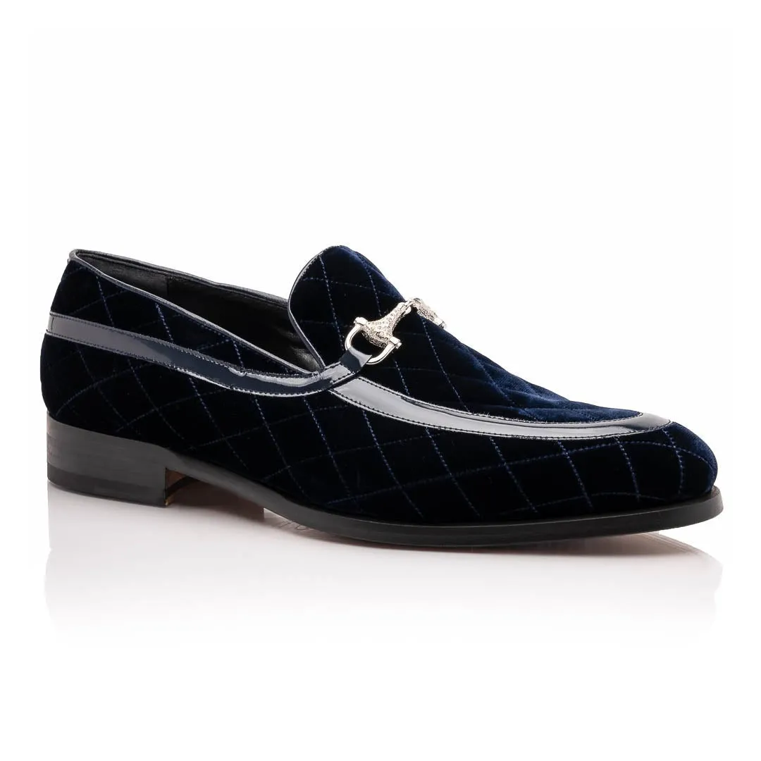Mauri Allure in Cognac Mens Quilted Velvet / Patent Leather Slip-on Horsebit Loafers