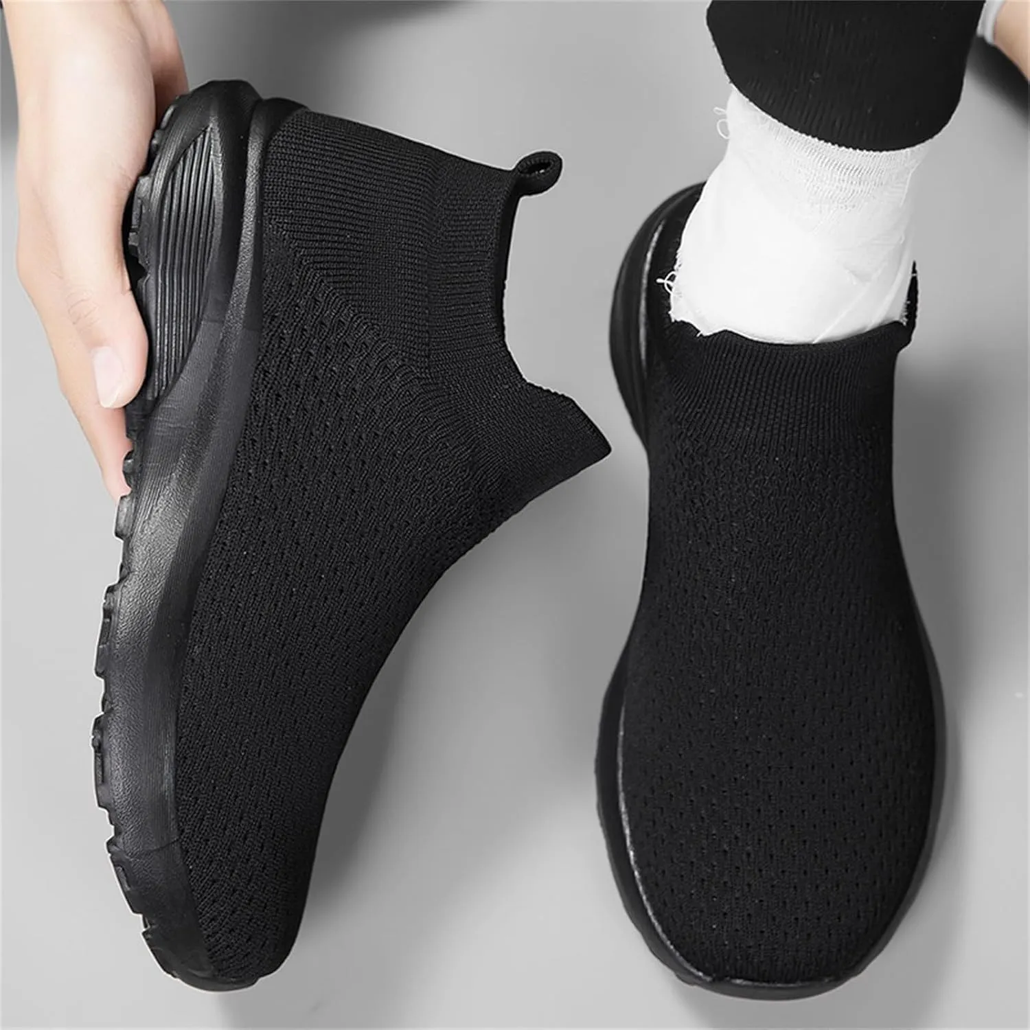 Mens Woven Shoes Slip-on High Top Fashion Sneakers Loafers Solid Color Lightweight Round Toe Sneakers Thick Sole Casual Outdoor Walking Shoe for Men