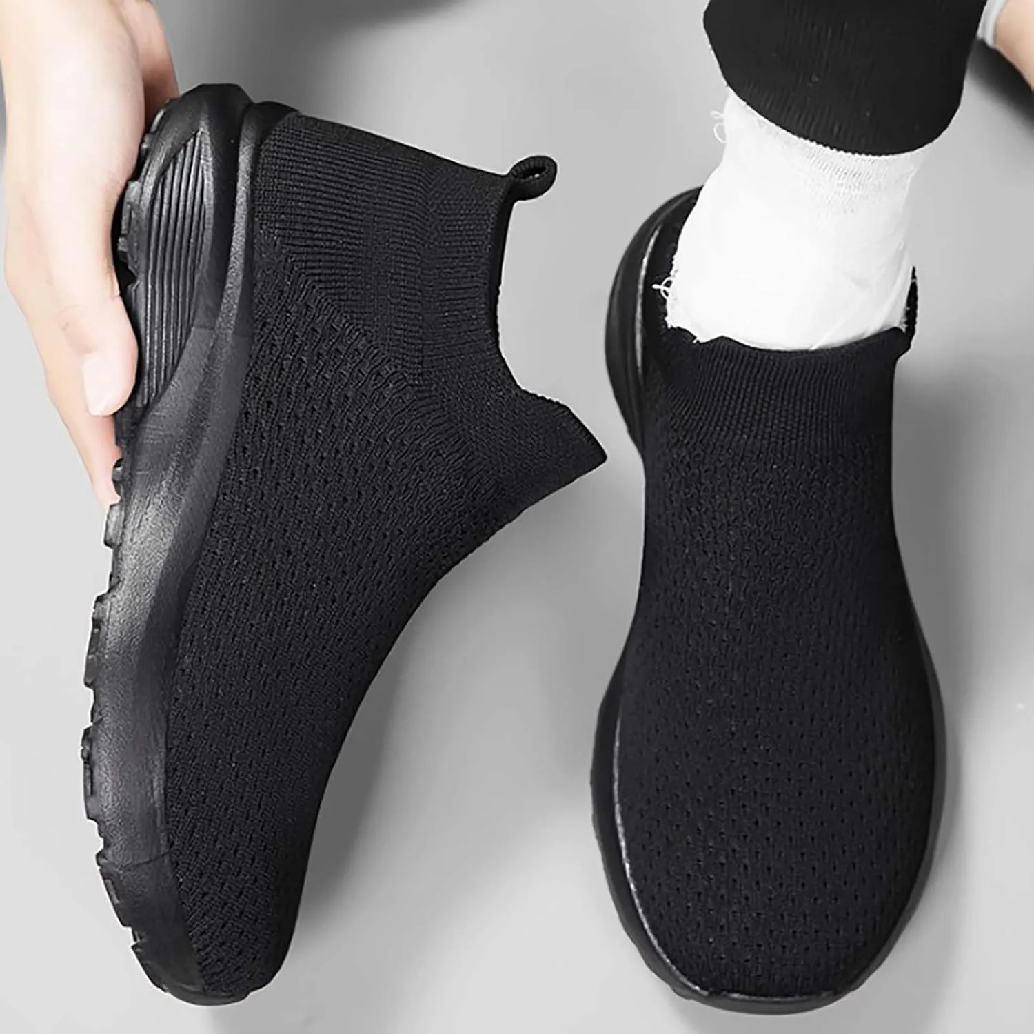 Mens Woven Shoes Slip-on High Top Fashion Sneakers Loafers Solid Color Lightweight Round Toe Sneakers Thick Sole Casual Outdoor Walking Shoe for Men