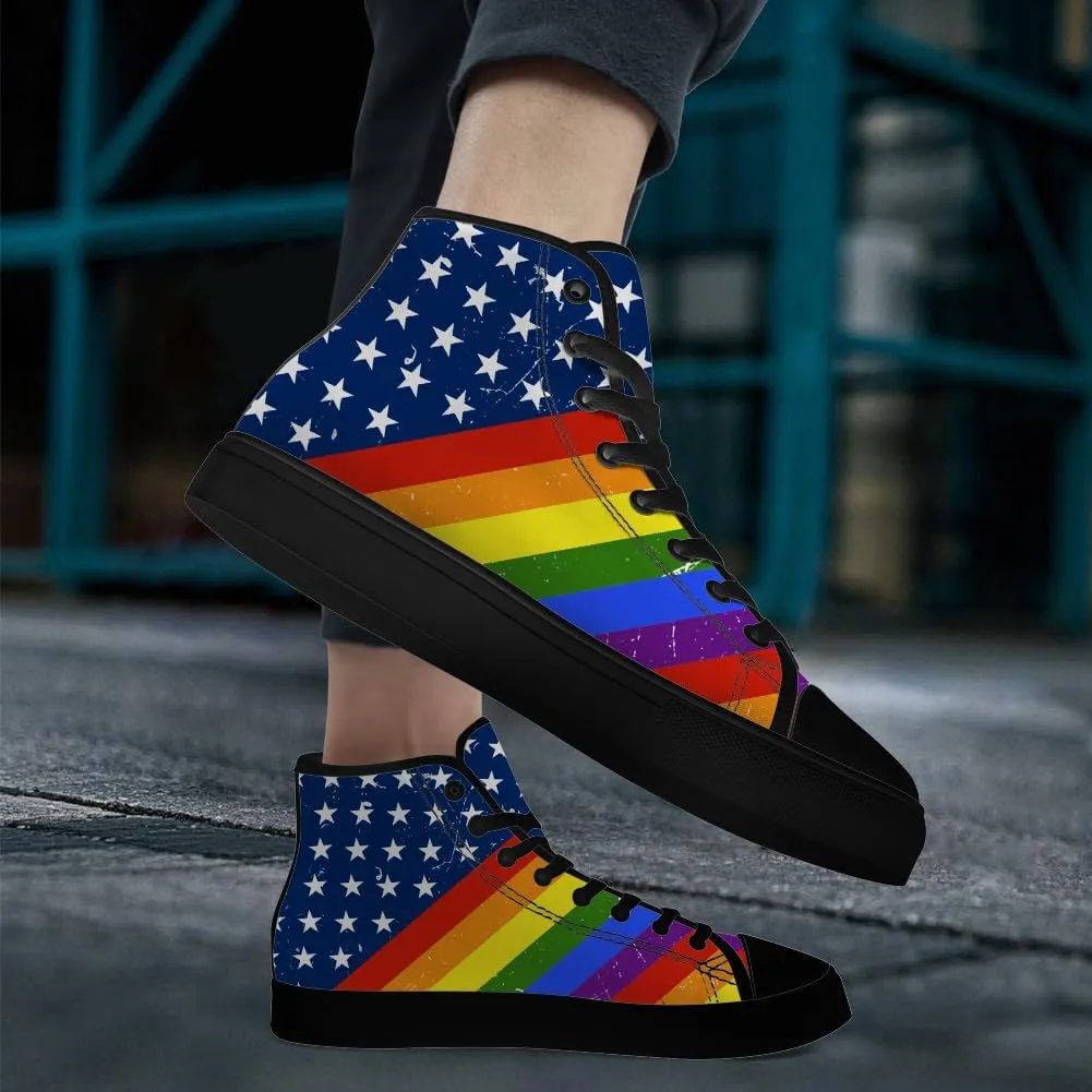 Rainbow High Top Canvas Shoes for Men Women LGBT Flag High Top Sneakers Lace Up Casual Shoes Gifts for Boyfriend Girlfriend