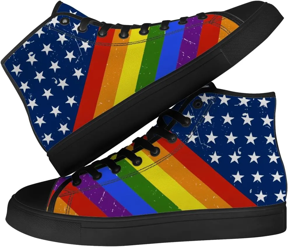 Rainbow High Top Canvas Shoes for Men Women LGBT Flag High Top Sneakers Lace Up Casual Shoes Gifts for Boyfriend Girlfriend