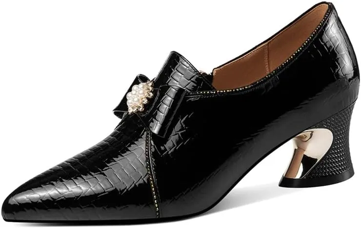 TinaCus Patent Leather Women's Pointed Toe Handmade Bowtie Zip Up Chunky Heels Casual Loafer Shoes
