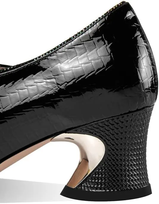 TinaCus Patent Leather Women's Pointed Toe Handmade Bowtie Zip Up Chunky Heels Casual Loafer Shoes