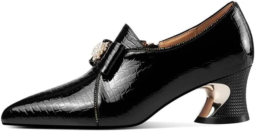 TinaCus Patent Leather Women's Pointed Toe Handmade Bowtie Zip Up Chunky Heels Casual Loafer Shoes