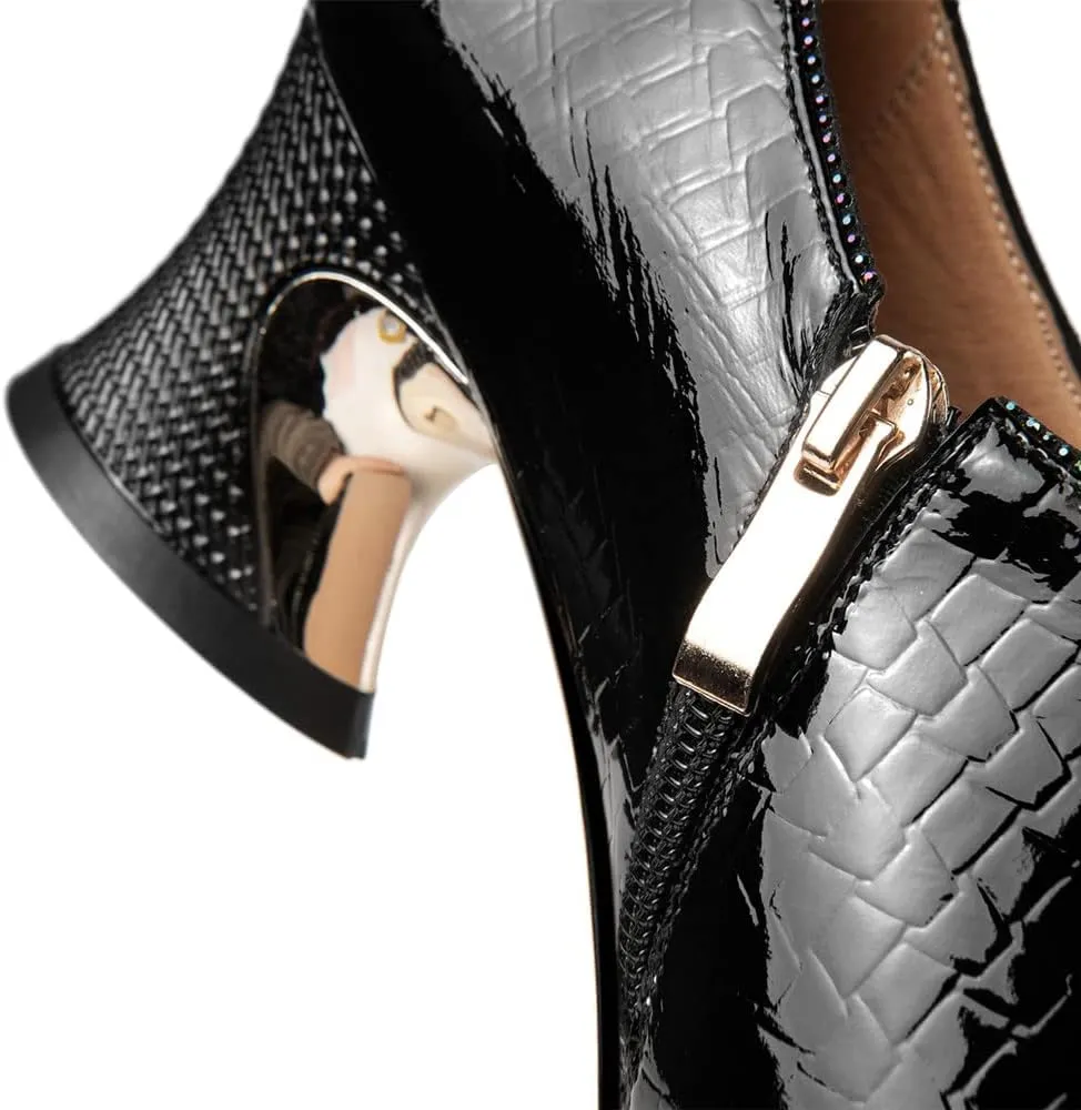 TinaCus Patent Leather Women's Pointed Toe Handmade Bowtie Zip Up Chunky Heels Casual Loafer Shoes