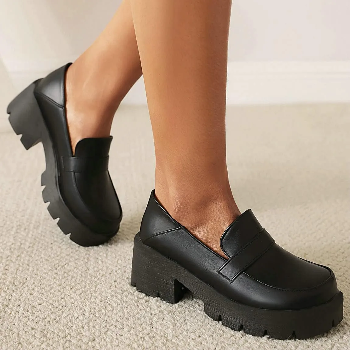 Trendenzy Womens Round Toe Platform Loafer Shoes Chunky Slip On Pumps Goth
