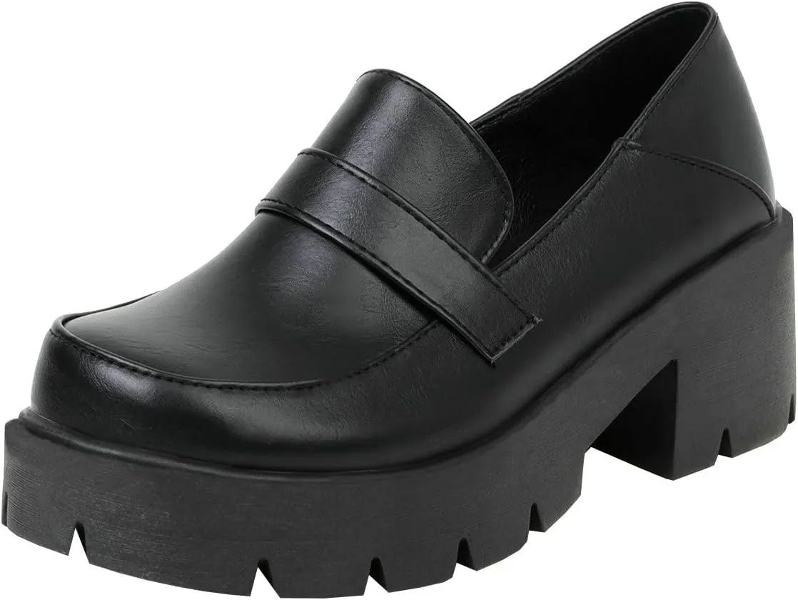 Trendenzy Womens Round Toe Platform Loafer Shoes Chunky Slip On Pumps Goth