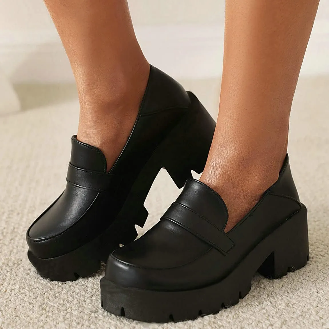 Trendenzy Womens Round Toe Platform Loafer Shoes Chunky Slip On Pumps Goth