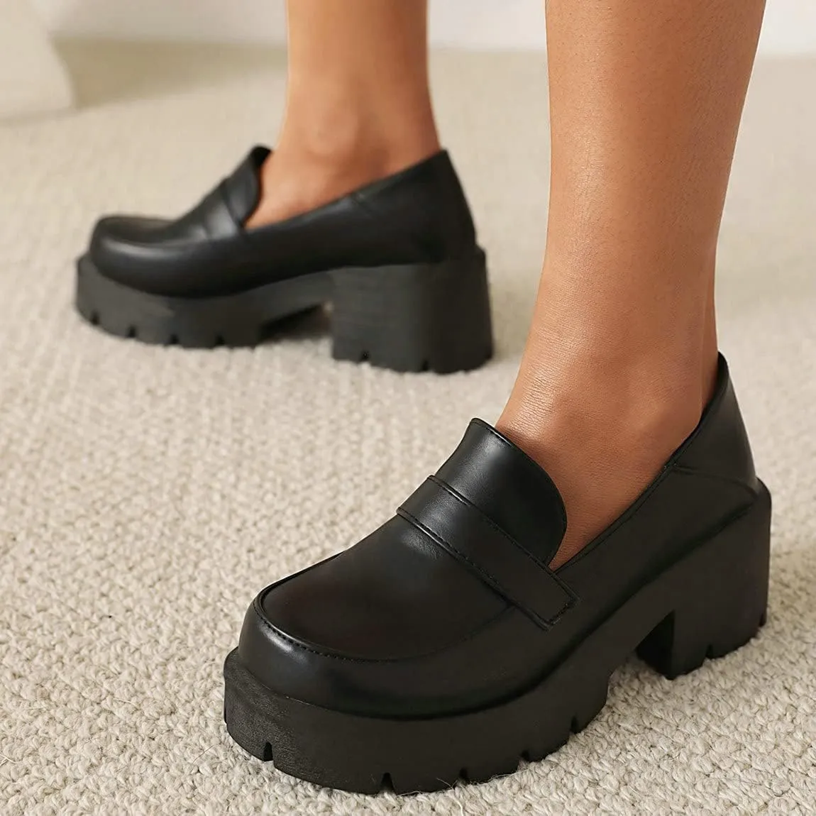Trendenzy Womens Round Toe Platform Loafer Shoes Chunky Slip On Pumps Goth
