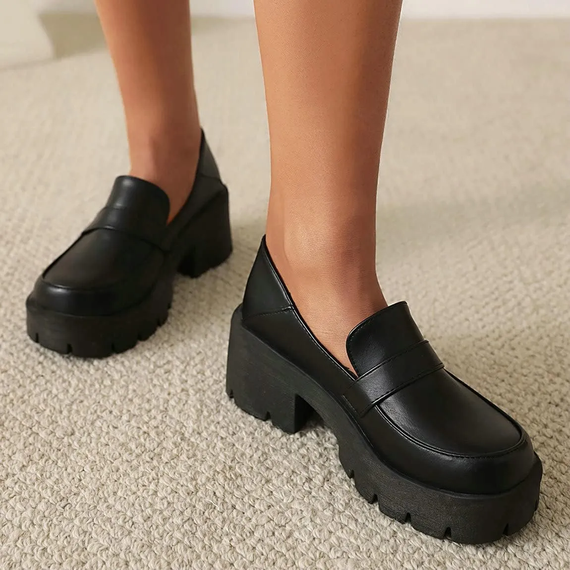 Trendenzy Womens Round Toe Platform Loafer Shoes Chunky Slip On Pumps Goth