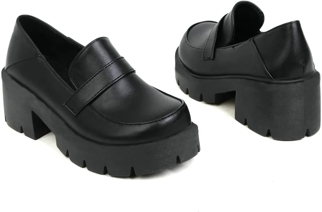 Trendenzy Womens Round Toe Platform Loafer Shoes Chunky Slip On Pumps Goth