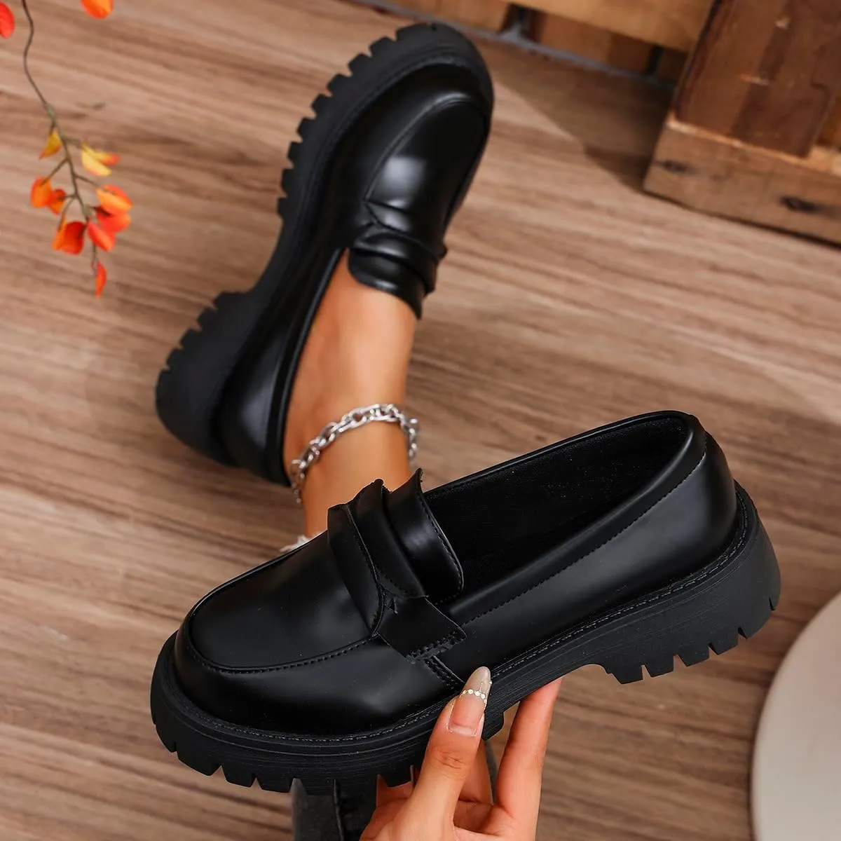Women's Slip-On Platform Loafers - Spring Chunky Heel Shoes for Business Casual & Office Wear, Easy On/Off Black Work Flats