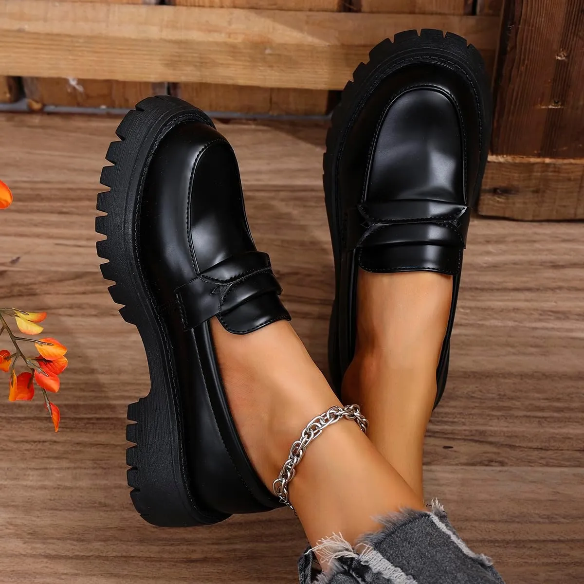 Women's Slip-On Platform Loafers - Spring Chunky Heel Shoes for Business Casual & Office Wear, Easy On/Off Black Work Flats