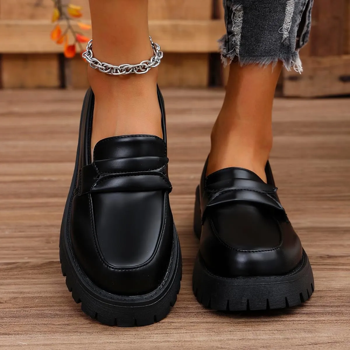 Women's Slip-On Platform Loafers - Spring Chunky Heel Shoes for Business Casual & Office Wear, Easy On/Off Black Work Flats