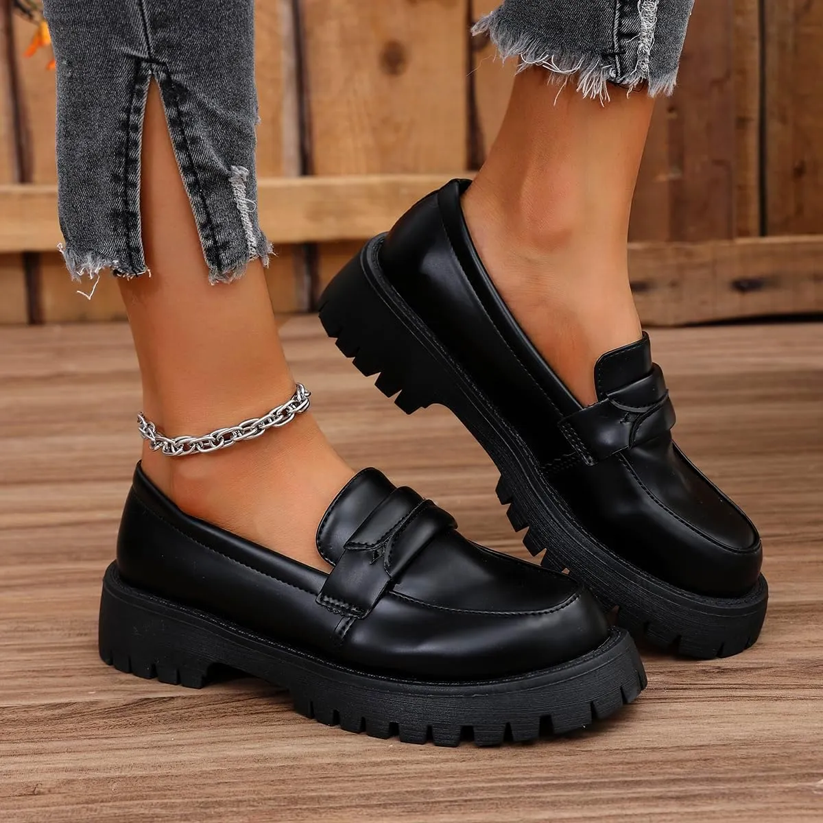 Women's Slip-On Platform Loafers - Spring Chunky Heel Shoes for Business Casual & Office Wear, Easy On/Off Black Work Flats
