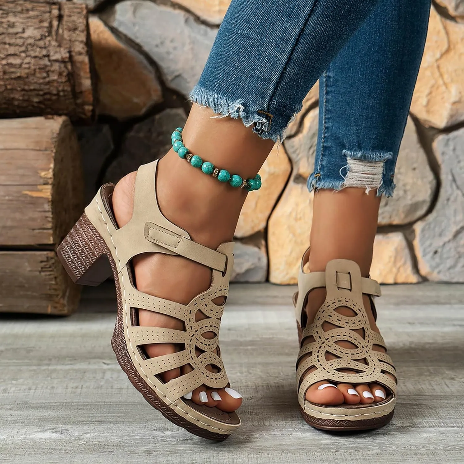 Women's Summer Outer Bottom Middle Heel Hollow Out Sandals High Heels Sports Footwear